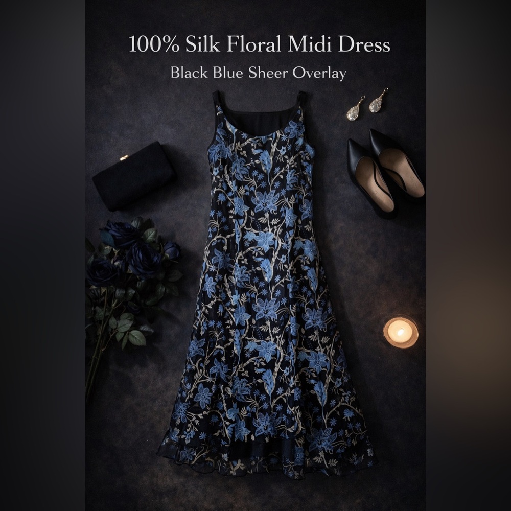 100% Silk Floral Midi Dress Black Blue Sheer Overlay Size 4